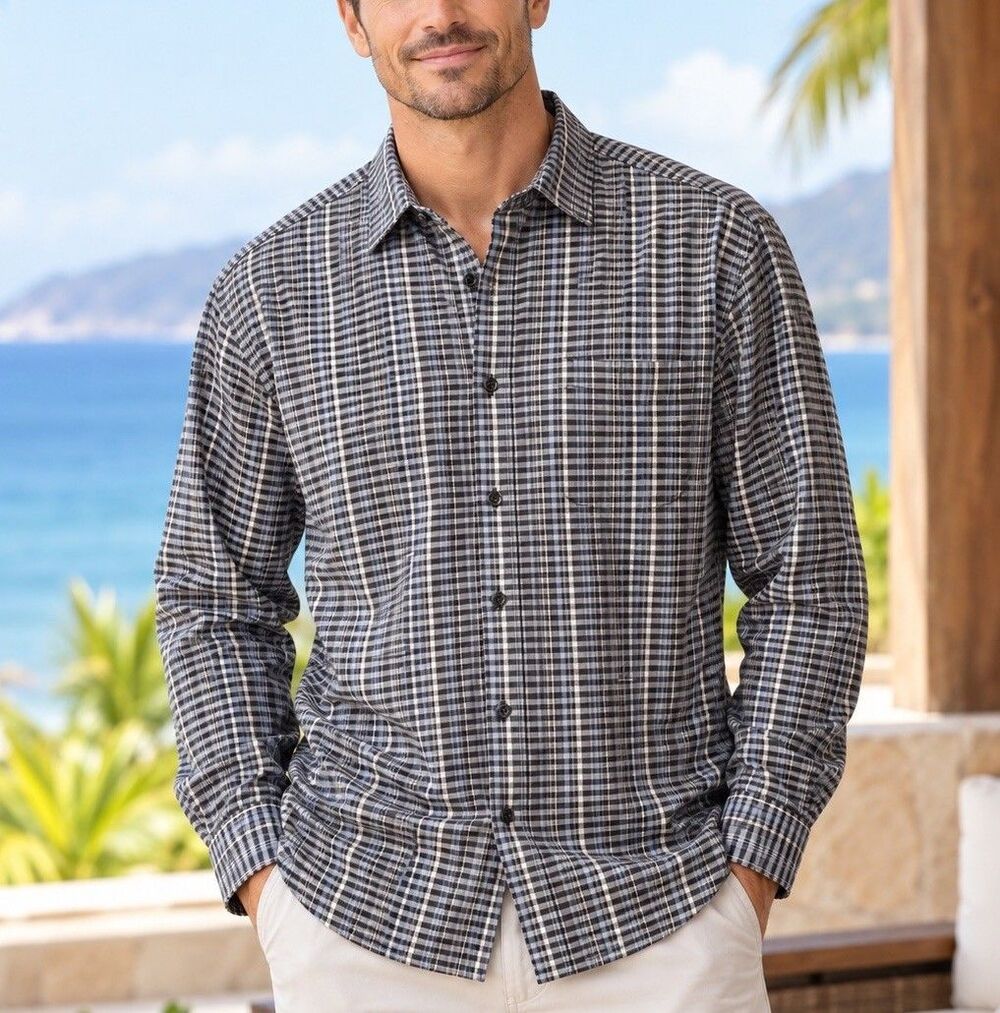 Tommy Bahama Lazlo Lux Stripe Shirt Long Sleeve Plaid Cotton Silk Stretch Large